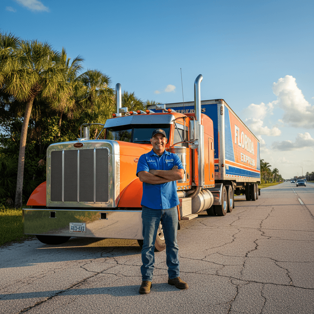 Smiling truck driver standing beside truck