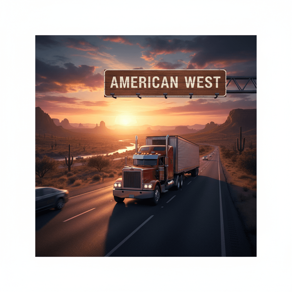 Semi truck on highway at sunset
