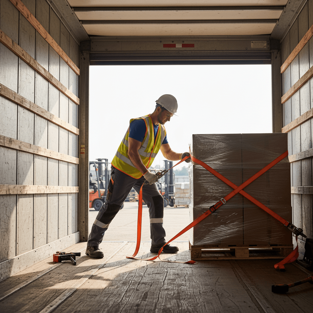Warehouse worker securing cargo in trailer with straps