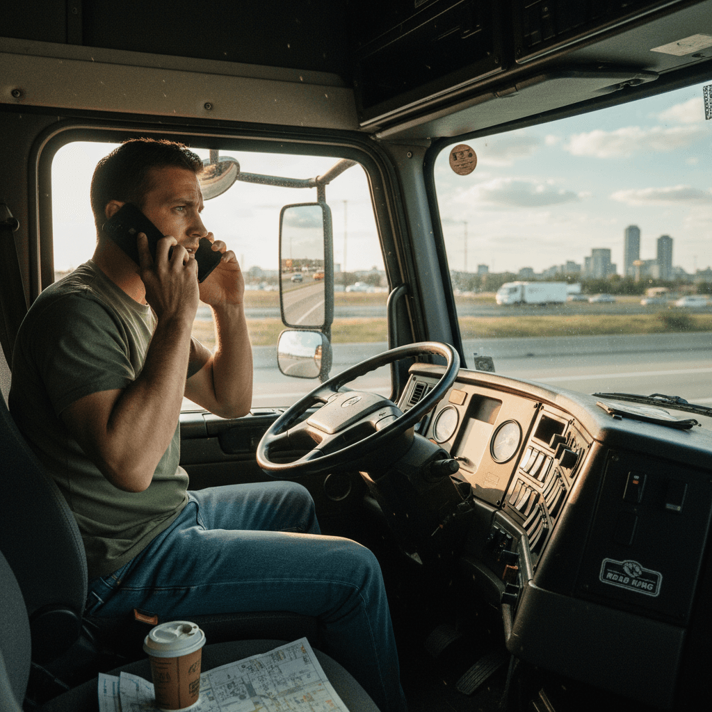 Truck driver on phone inside cab