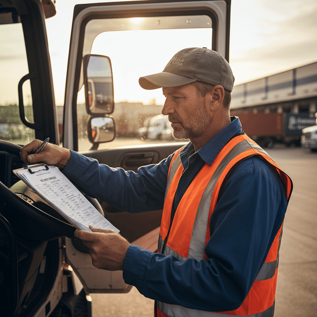 Truck driver with clipboard checking delivery schedule