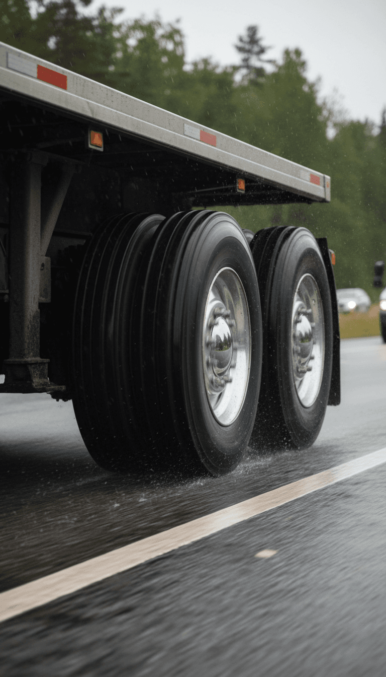Truck wheels and trailer rolling on the road